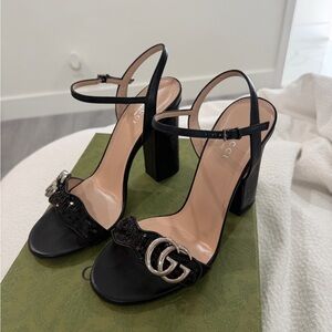 Gucci Black Strappy Heels with Logo Accent